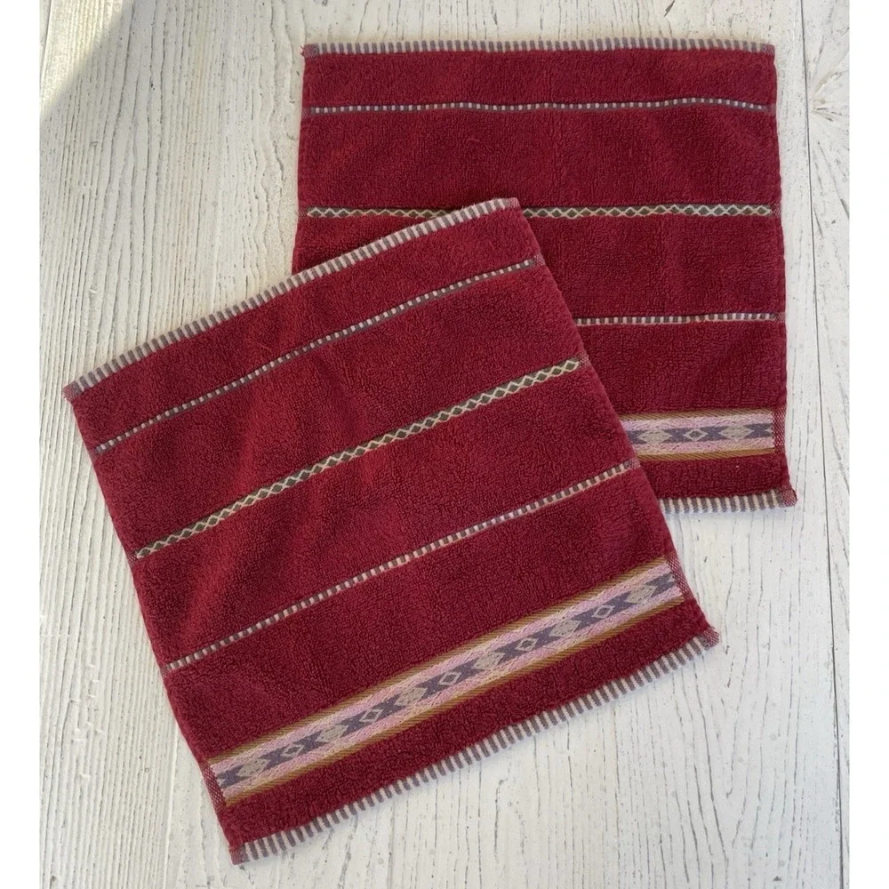 Vtg Ralph Lauren Set‎ of 2 Red Southwest Face Cloth Cotton  Washcloths